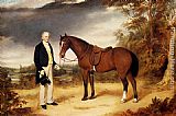Chestnut Canvas Paintings - A Gentleman Holding a Chestnut Hunter in a Wooded Landscape